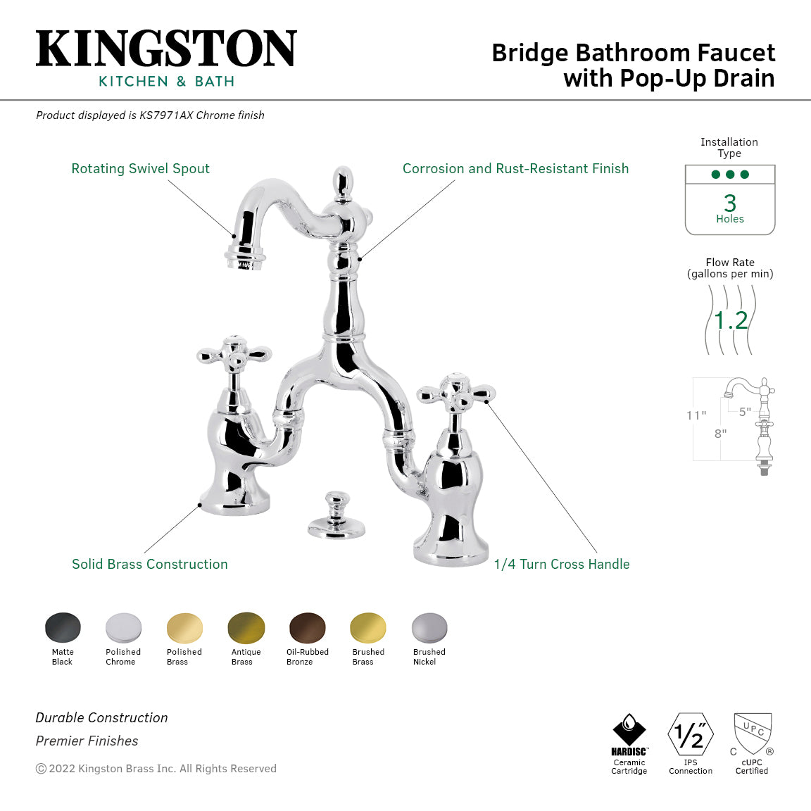 Kingston Heirloom KS7977AX - English Country Two-Handle 3-Hole Deck Mount Bridge Bathroom Faucet with Brass Pop-Up, Brushed Brass — thumbnail 2